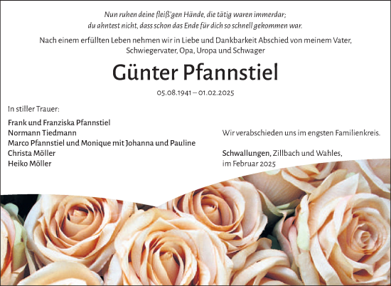 Traueranzeige von Günter Pfannstiel von Südthüringer Presse