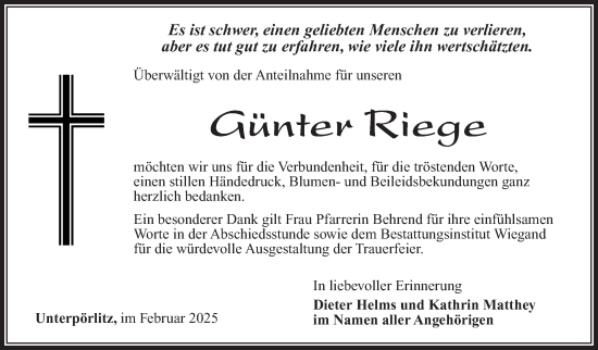 Traueranzeige von Günter Riege von Südthüringer Presse