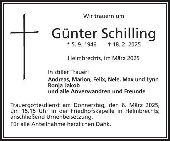 Traueranzeige von Günter Schilling von Frankenpost