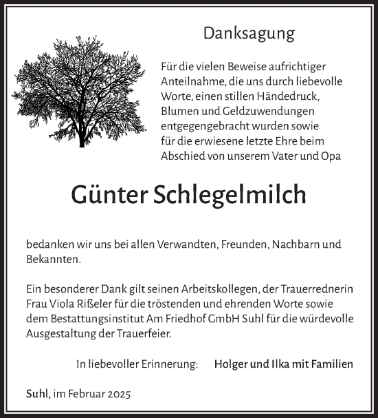 Traueranzeige von Günter Schlegelmilch von Südthüringer Presse