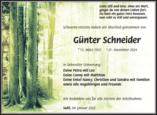 Traueranzeige von Günter Schneider von Südthüringer Presse