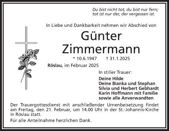 Traueranzeige von Günter Zimmermann von Frankenpost