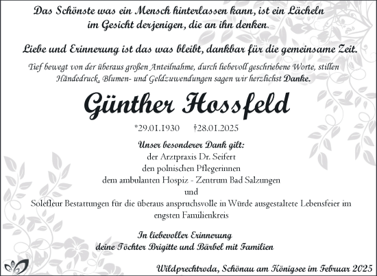 Traueranzeige von Günther Hoßfeld von Südthüringer Presse