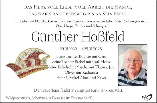 Traueranzeige von Günther Hoßfeld von Südthüringer Presse
