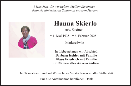 Traueranzeige von Hanna Skierlo von Frankenpost
