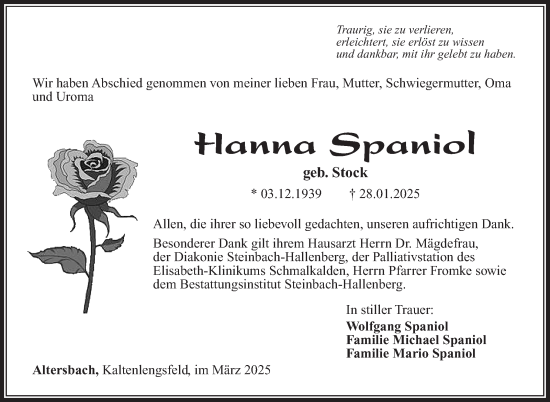 Traueranzeige von Hanna Spaniol von Südthüringer Presse