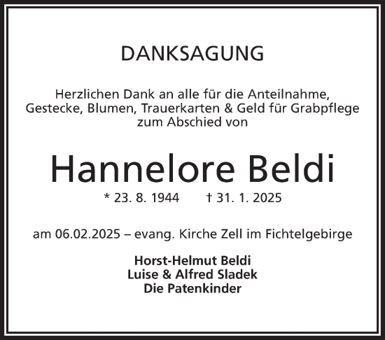 Traueranzeige von Hannelore Beldi von Frankenpost