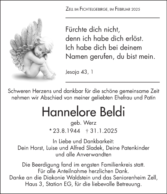 Traueranzeige von Hannelore Beldi von Frankenpost
