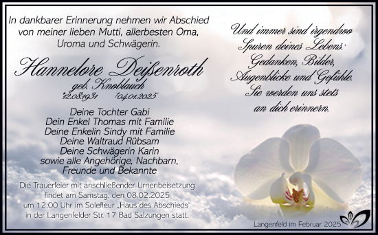 Traueranzeige von Hannelore Deißenroth von Südthüringer Presse