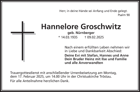 Traueranzeige von Hannelore Groschwitz von Frankenpost