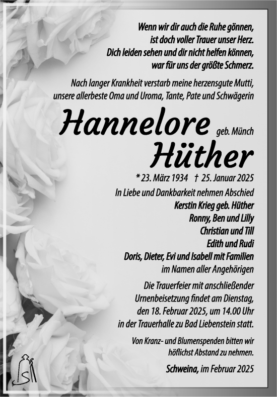 Traueranzeige von Hannelore Hüther von Südthüringer Presse