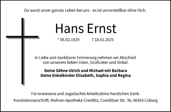Traueranzeige von Hans Ernst von Neue Presse Coburg