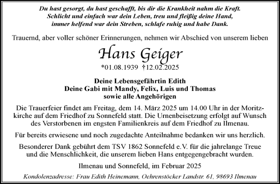 Traueranzeige von Hans Geiger von Neue Presse Coburg