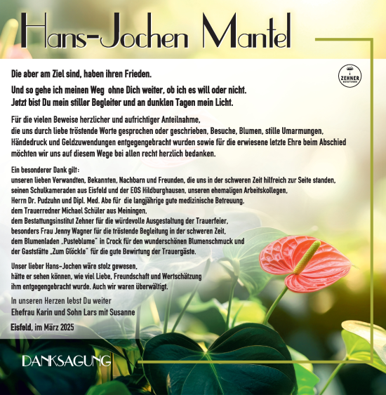 Traueranzeige von Hans-Jochen Mantel von Südthüringer Presse