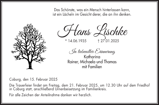 Traueranzeige von Hans Lischke von Neue Presse Coburg