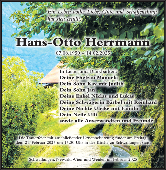 Traueranzeige von Hans-Otto Herrmann von Südthüringer Presse