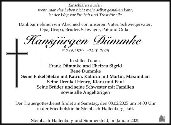 Traueranzeige von Hansjürgen Dümmke von Südthüringer Presse
