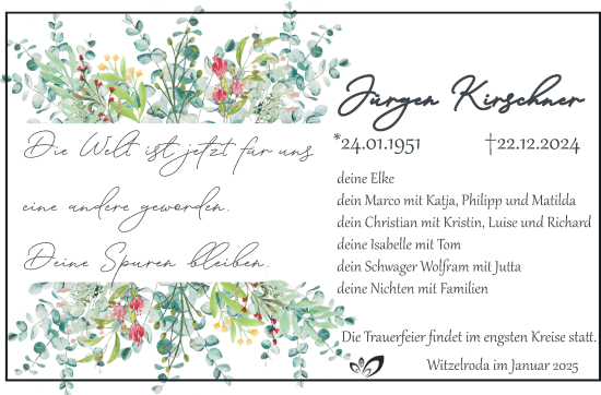 Traueranzeige von Hans Jürgen Kirschner von Südthüringer Presse