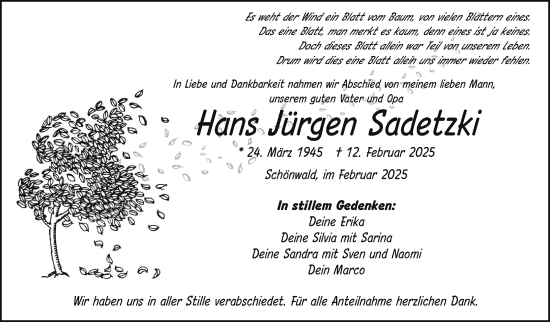 Traueranzeige von Hans Jürgen Sadetzki von Frankenpost