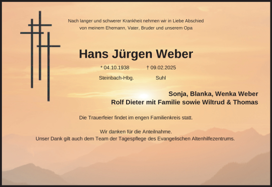 Traueranzeige von Hans Jürgen Weber von Südthüringer Presse
