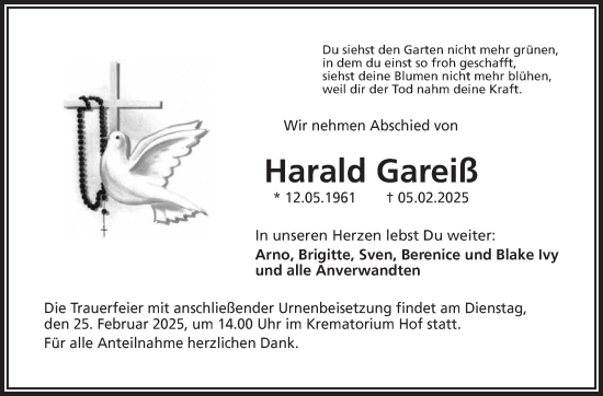 Traueranzeige von Harald Gareiß von Frankenpost