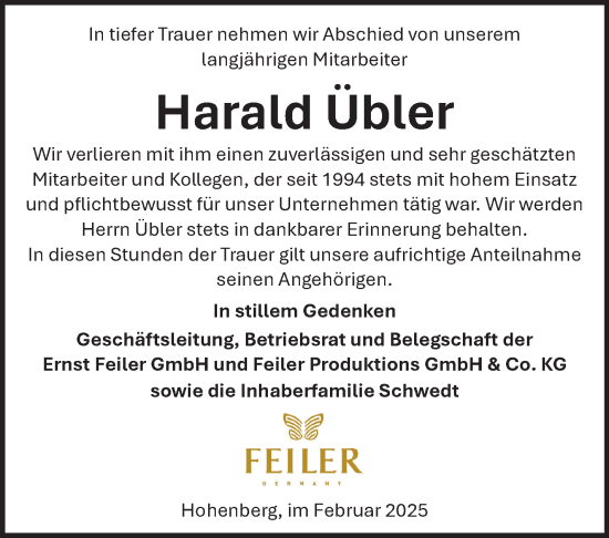 Traueranzeige von Harald Übler von Frankenpost