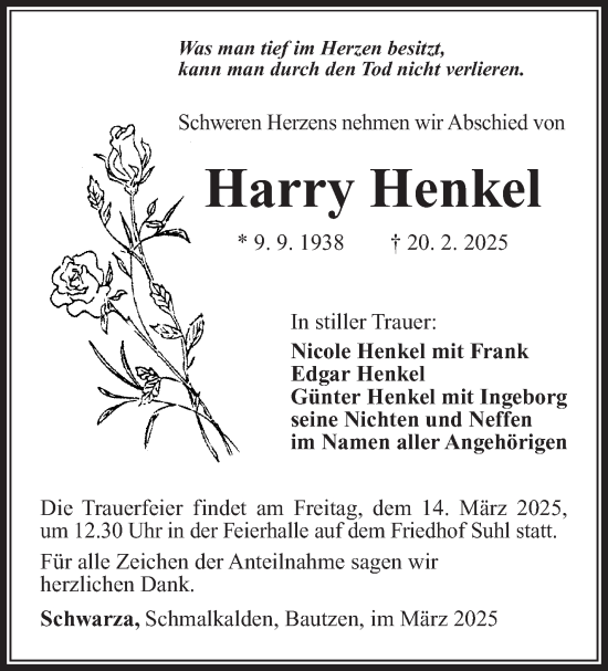 Traueranzeige von Harry Henkel von Südthüringer Presse