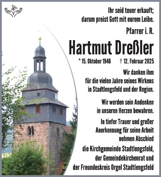 Traueranzeige von Hartmut Dreßler von Südthüringer Presse