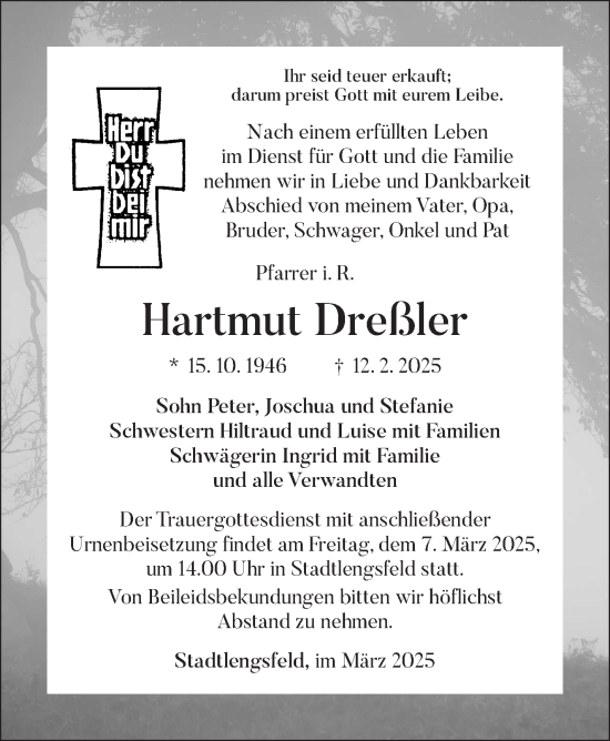Traueranzeige von Hartmut Dreßler von Südthüringer Presse