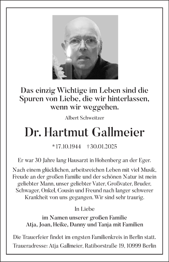 Traueranzeige von Hartmut Gallmeier von Frankenpost