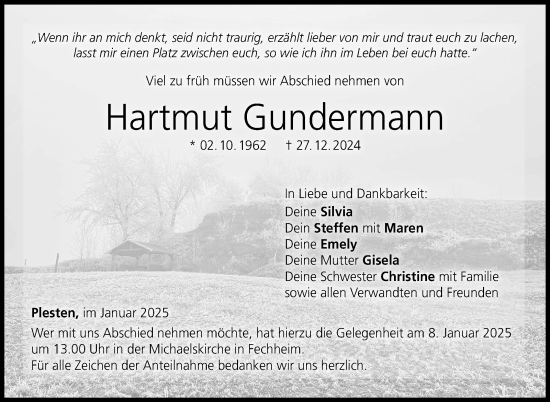 Traueranzeige von Hartmut Gundermann von Neue Presse Coburg