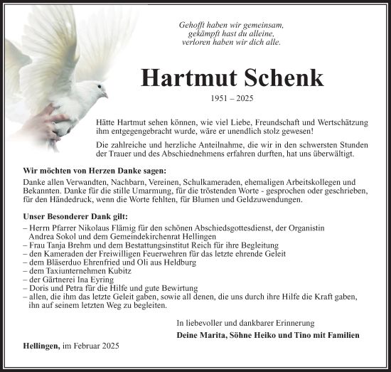Traueranzeige von Hartmut Schenk von Südthüringer Presse