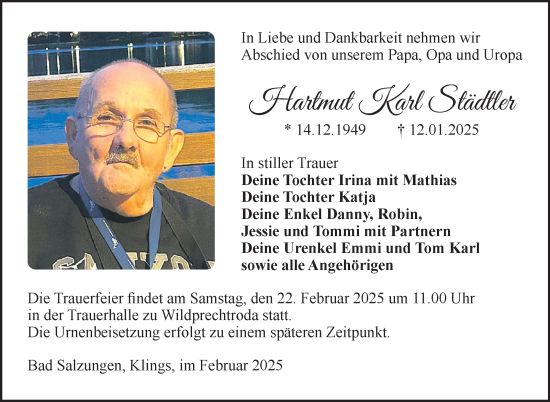 Traueranzeige von Hartmut Karl Städtler von Südthüringer Presse