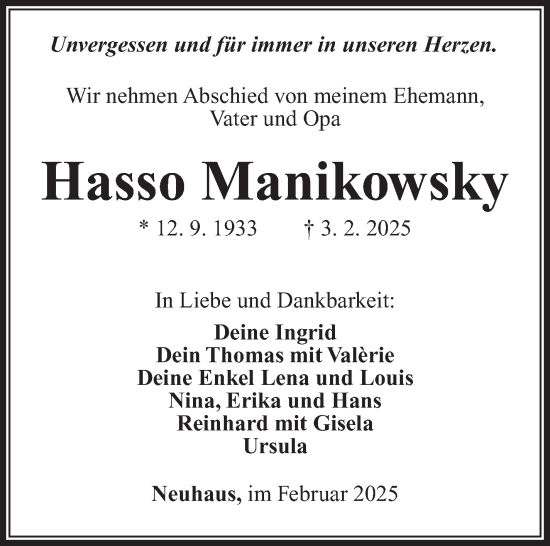 Traueranzeige von Hasso Manikowsky von Südthüringer Presse