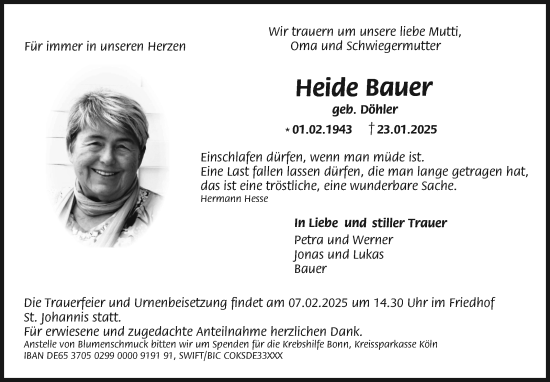 Traueranzeige von Heide Bauer von Südthüringer Presse