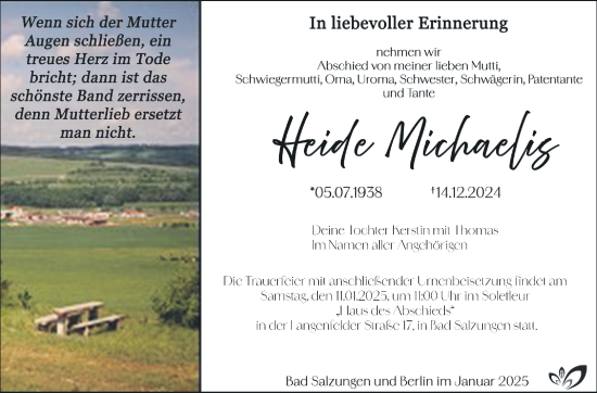 Traueranzeige von Heide Michaelis von Südthüringer Presse