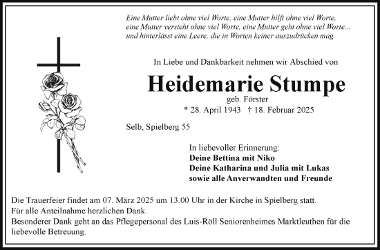 Traueranzeige von Heidemarie Stumpe von Frankenpost