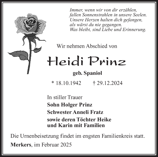 Traueranzeige von Heidi Prinz von Südthüringer Presse