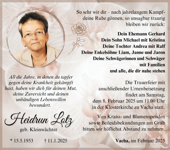Traueranzeige von Heidrun Lotz von Südthüringer Presse