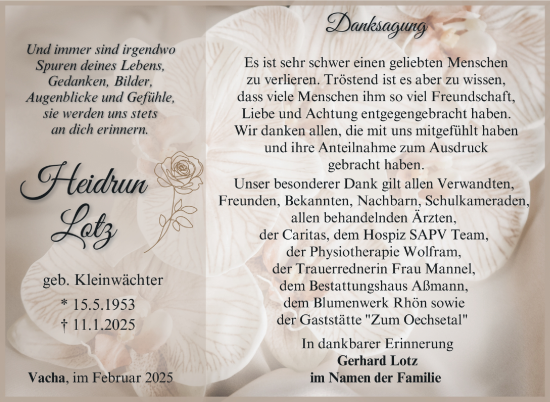 Traueranzeige von Heidrun Lotz von Südthüringer Presse