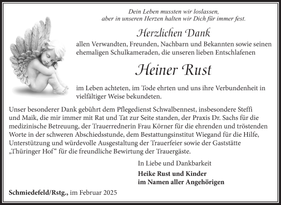Traueranzeige von Heiner Rust von Südthüringer Presse