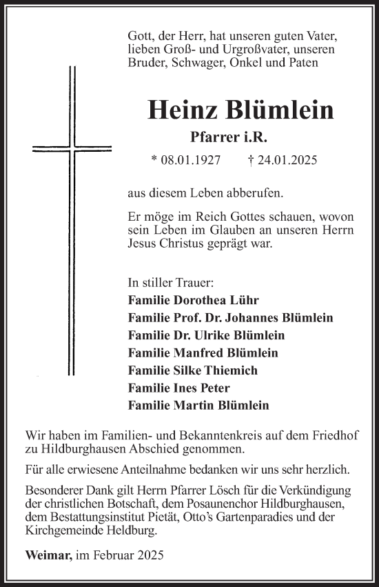 Traueranzeige von Heinz Blümlein von Südthüringer Presse