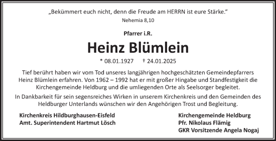Traueranzeige von Heinz Blümlein von Südthüringer Presse