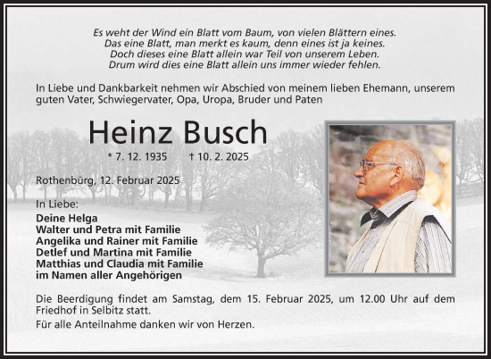 Traueranzeige von Heinz Busch von Frankenpost