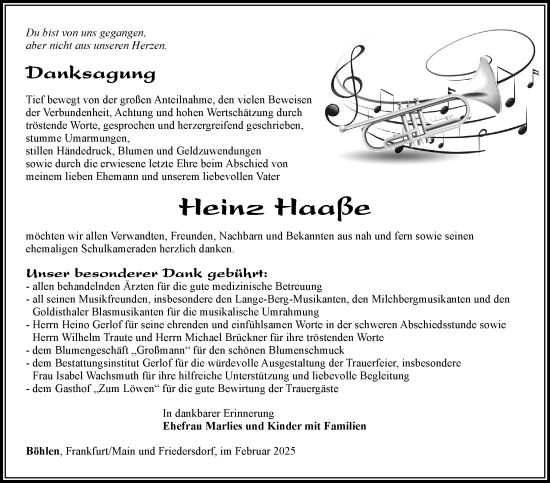 Traueranzeige von Heinz Haaße von Südthüringer Presse