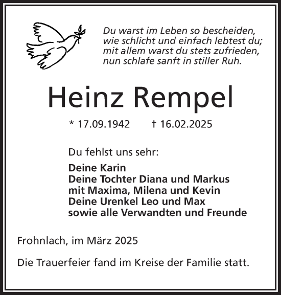 Traueranzeige von Heinz Rempel von Neue Presse Coburg