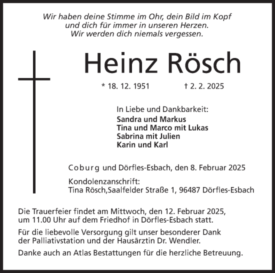 Traueranzeige von Heinz Rösch von Neue Presse Coburg