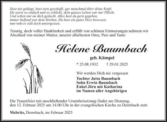 Traueranzeige von Helene Baumbach von Südthüringer Presse