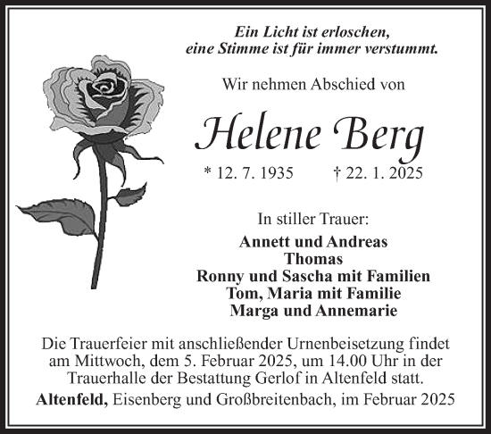 Traueranzeige von Helene Berg von Südthüringer Presse