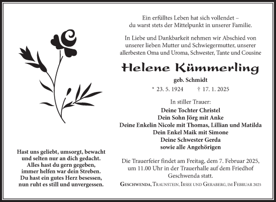 Traueranzeige von Helene Kümmerling von Südthüringer Presse
